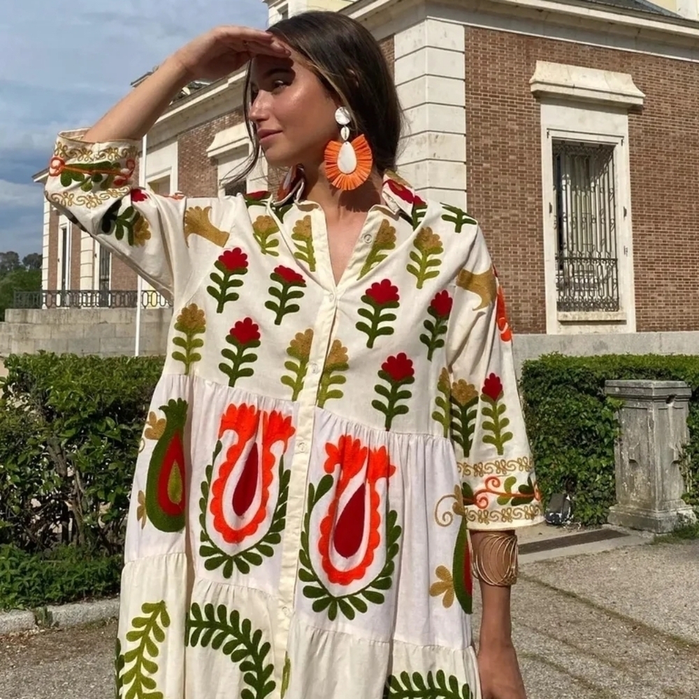 Casual Embroidery Printed Patchwork Lapel Maxi Dresses Women Elegant Button Long - Picture 4 of 6